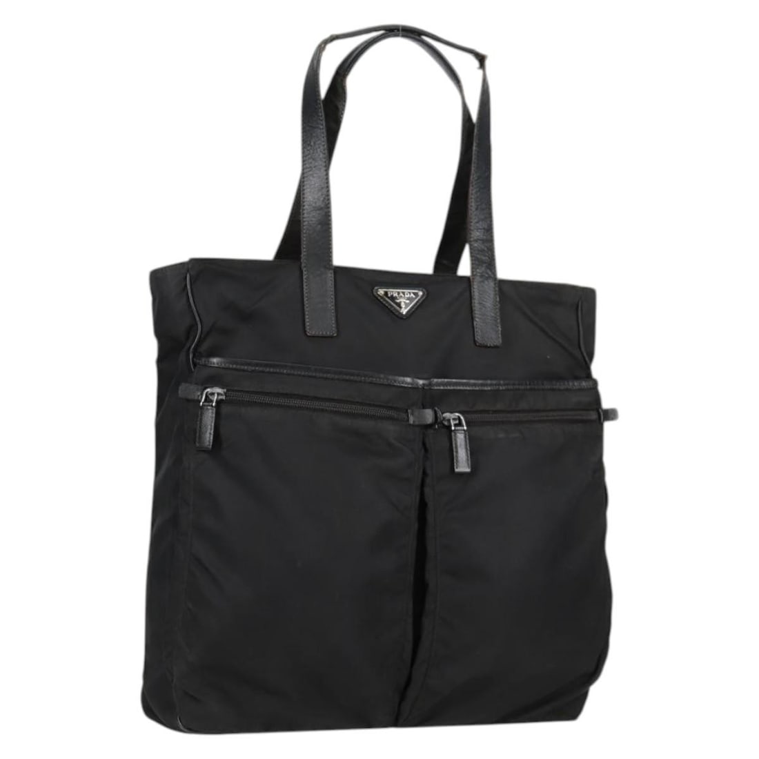 PRADA Black Nylon Tote Bag Silver Auth Italy 31/10: PRADA Black Nylon Tote Bag Silver Auth Italy 31/10 This PRADA Tote Bag is a stylish and practical accessory, crafted in Italy from durable nylon. It features a classic black and silver color scheme, m
