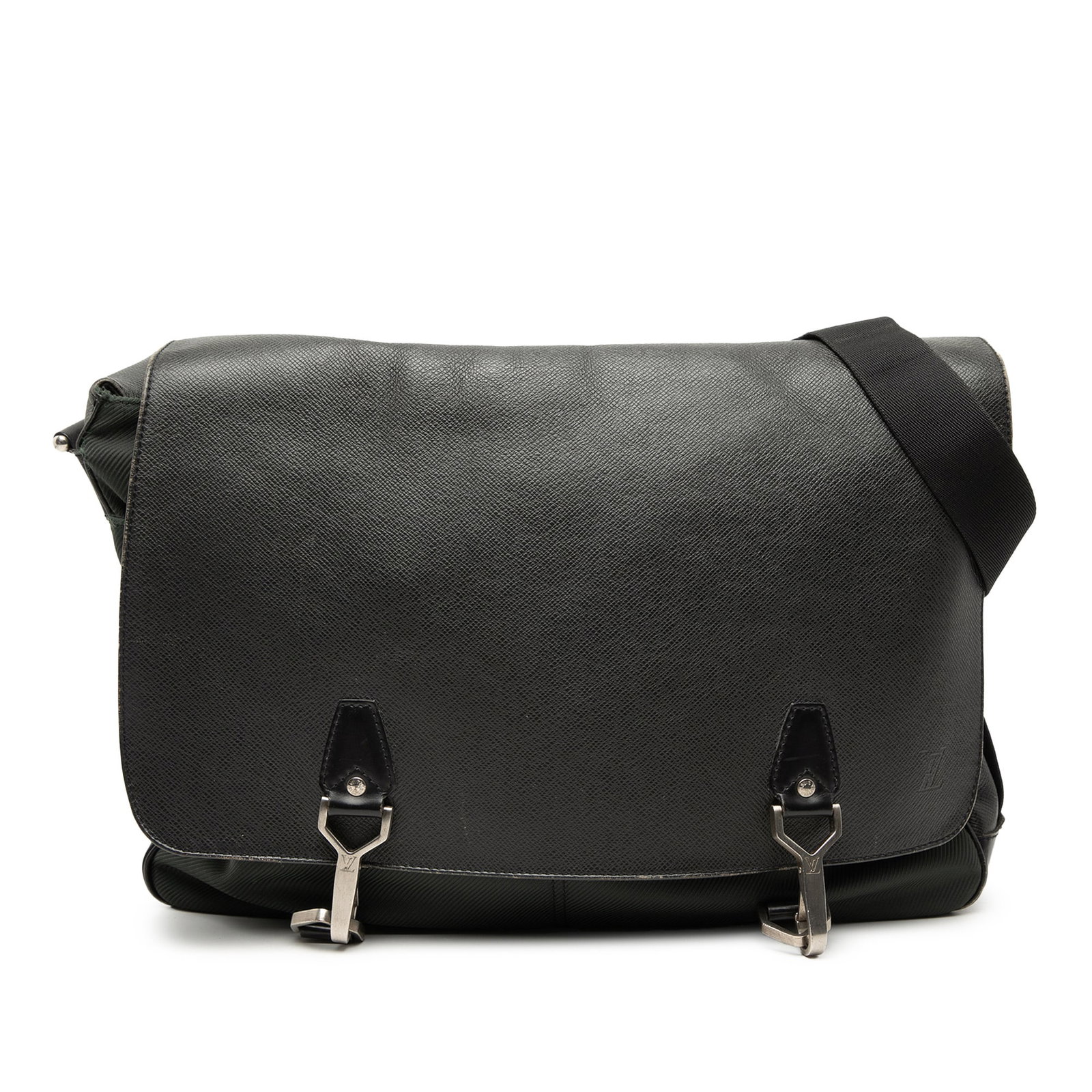 Louis Vuitton Dersou Green Taiga Leather Crossbody Bag with Adjustable Strap: Louis Vuitton Dersou Green Taiga Leather Crossbody Bag with Adjustable Strap The Louis Vuitton Taiga Dersou bag features a green taiga leather body with a front flap secured by a push lock closure. It