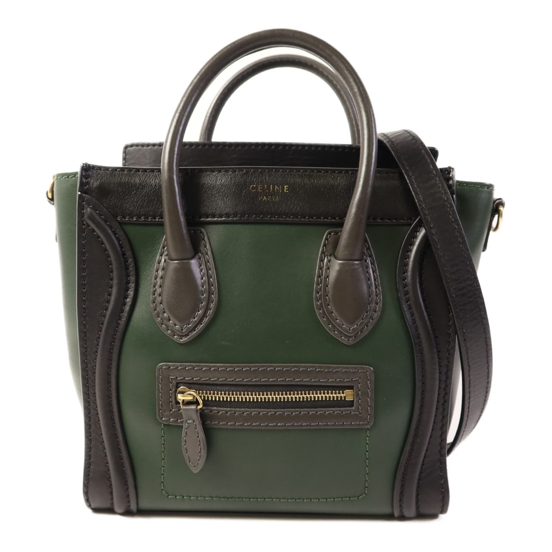 CELINE Nano Luggage Green Black Calfskin 2 Way Shoulder Bag GHW: CELINE Nano Luggage Green Black Calfskin 2 Way Shoulder Bag GHW This CELINE Nano Luggage 2 Way Shoulder Bag features green calfskin leather with black accents and gold-tone hardware. Designed for vers