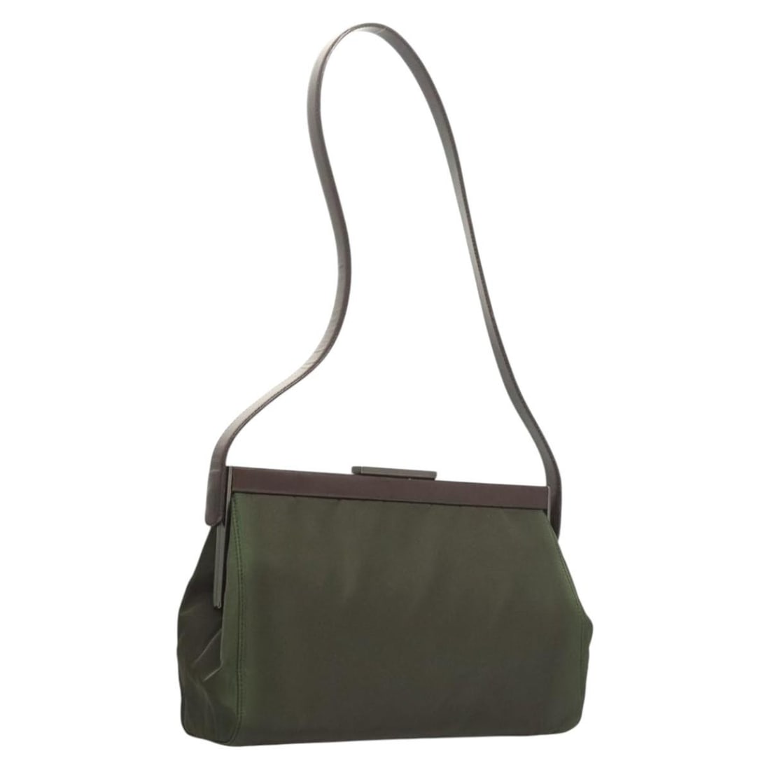 Prada khaki silver nylon shoulder bag with guarantee card: Prada khaki silver nylon shoulder bag with guarantee card This PRADA shoulder bag features a khaki nylon exterior with silver-tone accents. Designed for women, it offers a practical size with an adjus