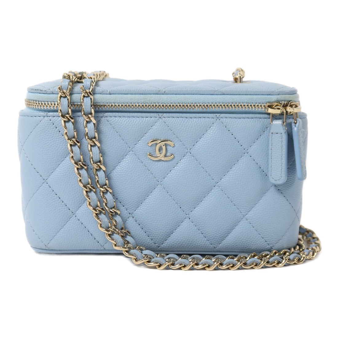 CHANEL Blue Calfskin Vanity Case Shoulder Bag GHW: CHANEL Blue Calfskin Vanity Case Shoulder Bag GHW This CHANEL CC vanity case chain shoulder bag is crafted from blue calfskin (cowhide) leather, offering a sophisticated and timeless design. The bag f