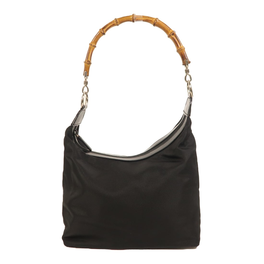 GUCCI GG SHW Black Nylon Patent Leather Shoulder Bag Italy: GUCCI GG SHW Black Nylon Patent Leather Shoulder Bag Italy This stylish GUCCI shoulder bag combines a sleek nylon and patent leather exterior in classic black, perfect for any occasion. The bag featur