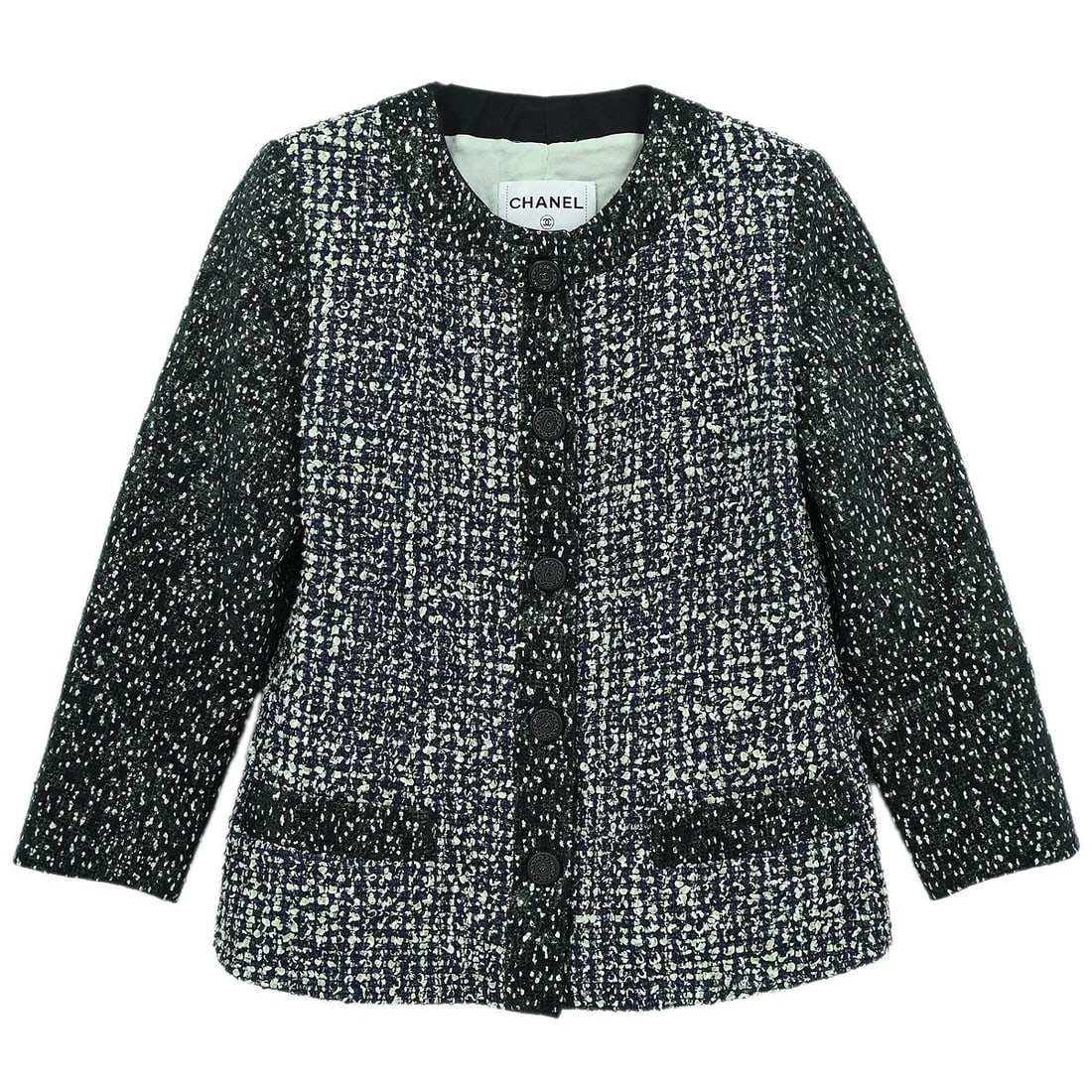 Green Tweed Mid-Length Jacket Chanel P60849V45696 Size 44: Green Tweed Mid-Length Jacket Chanel P60849V45696 Size 44 This Chanel collarless single-breasted tweed jacket in green features long sleeves and a mid-length design. Crafted from a blend of 75% cotton