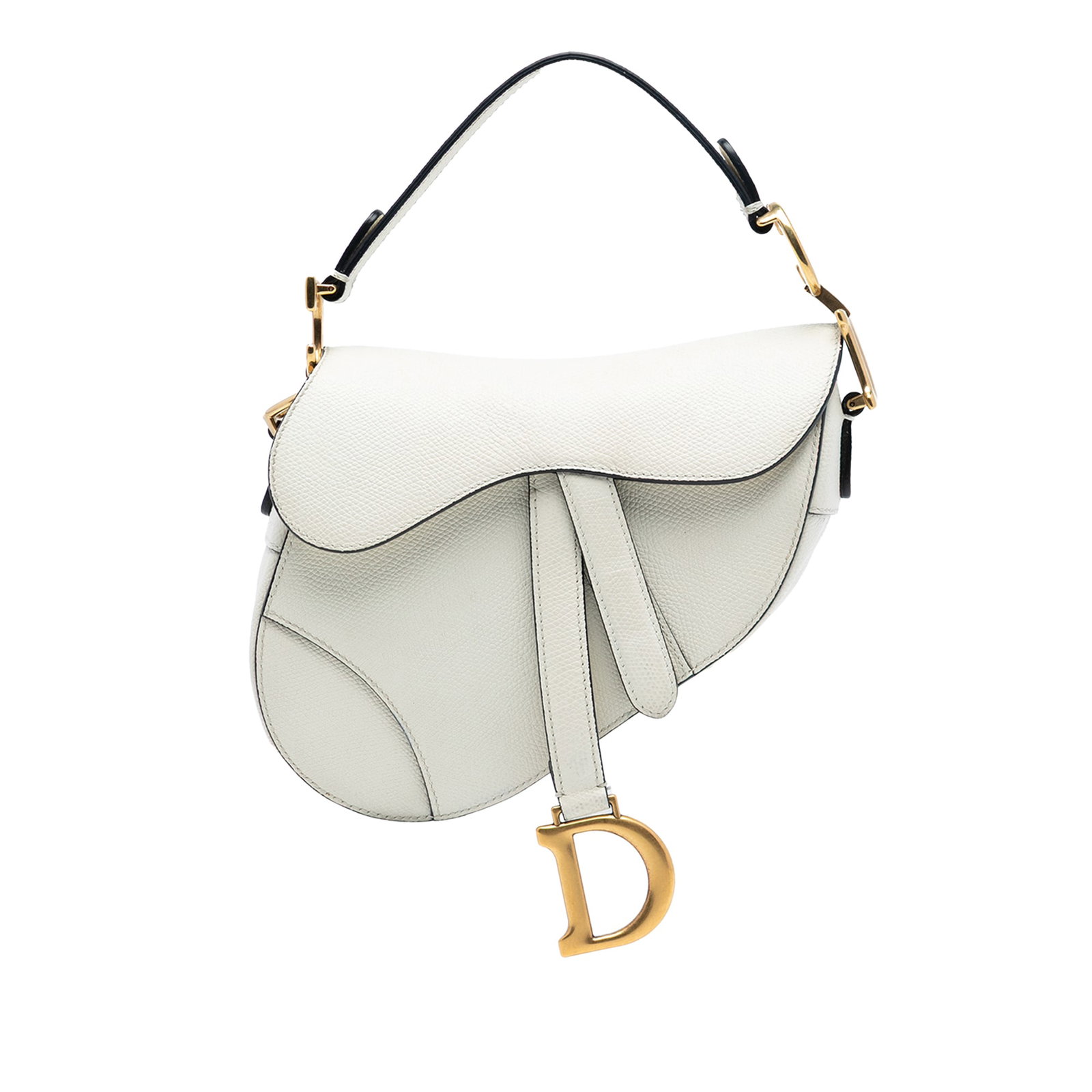 White Leather Mini Saddle Bag by Dior: White Leather Mini Saddle Bag by Dior This Dior Mini Grained Calfskin Saddle Bag features a leather body in white, a flat leather handle, and a front flap with magnetic snap closure. The bag is crafte