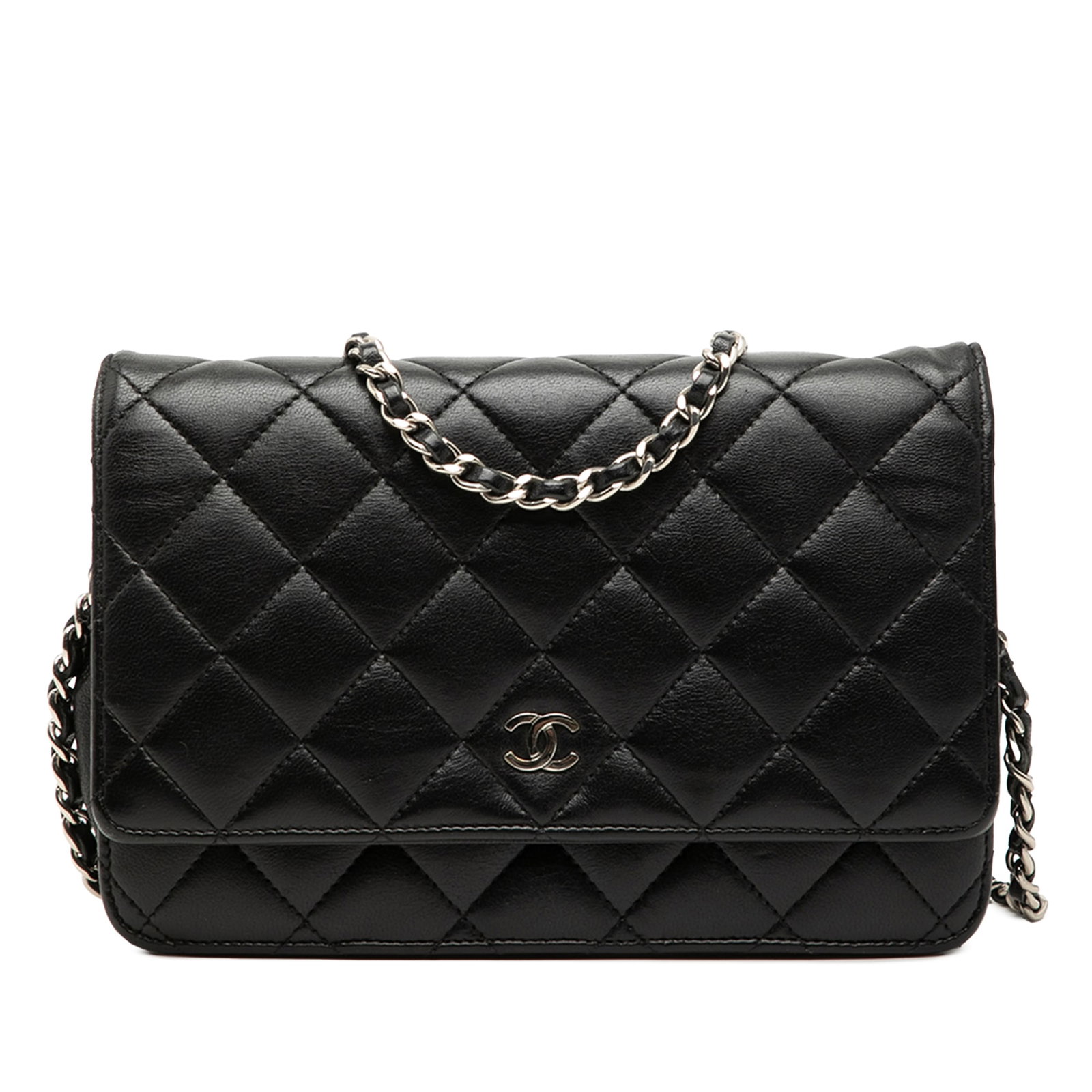 Black Chanel Lambskin Quilted Wallet on Chain with Leather Shoulder Strap: Black Chanel Lambskin Quilted Wallet on Chain with Leather Shoulder Strap This Chanel CC Quilted Lambskin Wallet On Chain features a quilted lambskin leather body in black, a leather-woven chain shoul