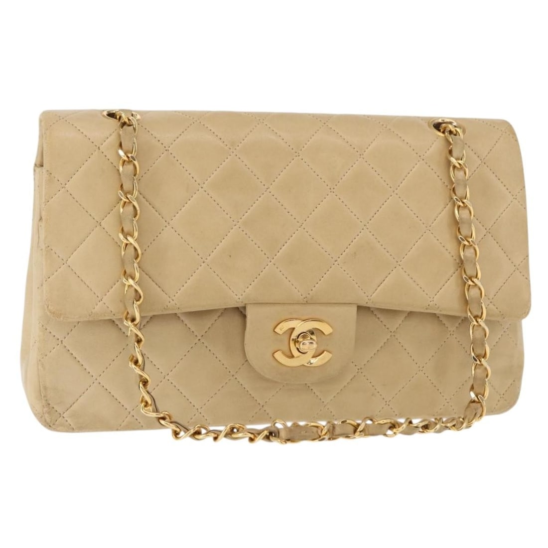 CHANEL Matelasse 25 Shoulder Bag Lamb Skin Beige Gold Auth: CHANEL Matelasse 25 Shoulder Bag Lamb Skin Beige Gold Auth This CHANEL Matelasse 25 Chain Shoulder Bag is a luxurious accessory crafted from soft lambskin in a chic beige and gold color combination. D