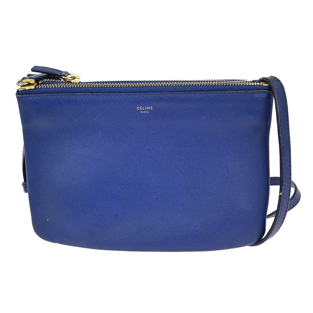 Celine Trio Small Blue Leather Shoulder Bag with Logo Accent: Celine Trio Small Blue Leather Shoulder Bag with Logo Accent Elevate your casual style with the Celine Blue Leather Trio Shoulder Bag. This chic small shoulder bag features a striking blue leather ext
