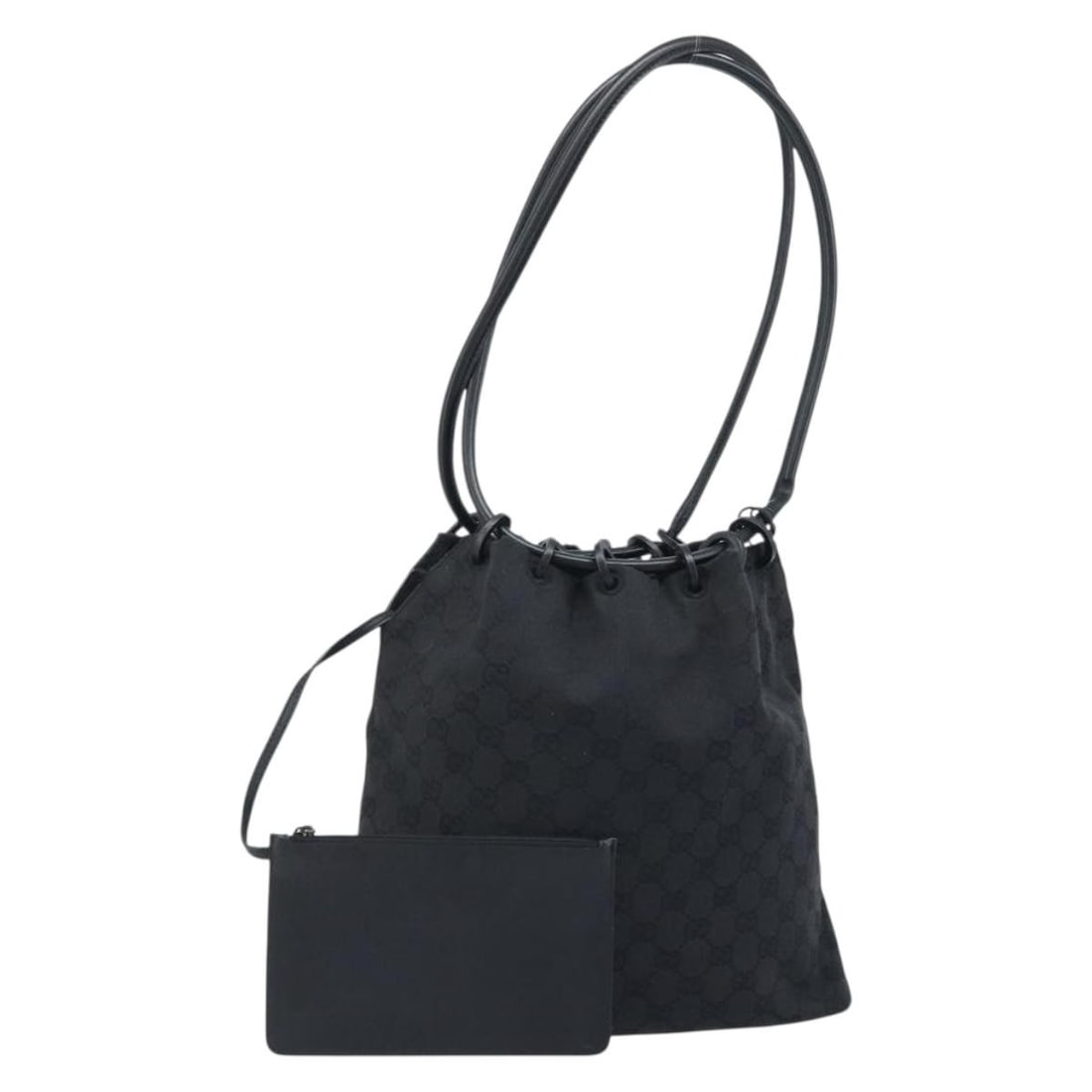 Gucci GG Canvas Black and Gold Shoulder Bag with Pouch 002 1119: Gucci GG Canvas Black and Gold Shoulder Bag with Pouch 002 1119 This authentic GUCCI GG Canvas Shoulder Bag features a black and gold colorway and is crafted from the signature GG canvas material. Des