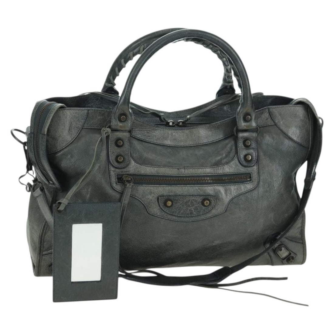 Balenciaga Gray Leather City 2way Shoulder Strap Handbag 115748: Balenciaga Gray Leather City 2way Shoulder Strap Handbag 115748 This Balenciaga The City handbag is crafted from gray leather and offers versatile 2-way carrying options with both top handles and a de