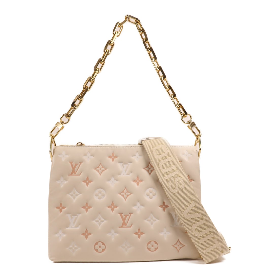 LOUIS VUITTON Coussin PM 2 Way Bag M22398 Lambskin Beige Pink White: LOUIS VUITTON Coussin PM 2 Way Bag M22398 Lambskin Beige Pink White Introducing the Louis Vuitton Coussin PM 2 Way Bag, an elegant accessory that seamlessly blends style and functionality. Crafted fro