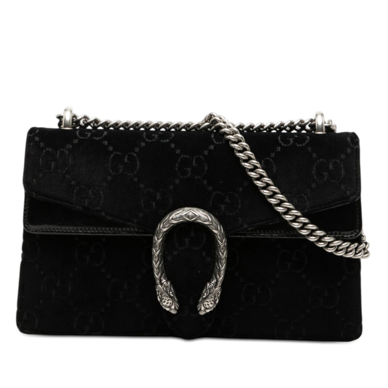 Gucci Dionysus Black GG Velvet Medium Shoulder Bag with Silver Chain: Gucci Dionysus Black GG Velvet Medium Shoulder Bag with Silver Chain This shoulder bag is crafted in black velvet and features silver-tone chain straps, a front flap with a magnetic snap button closur