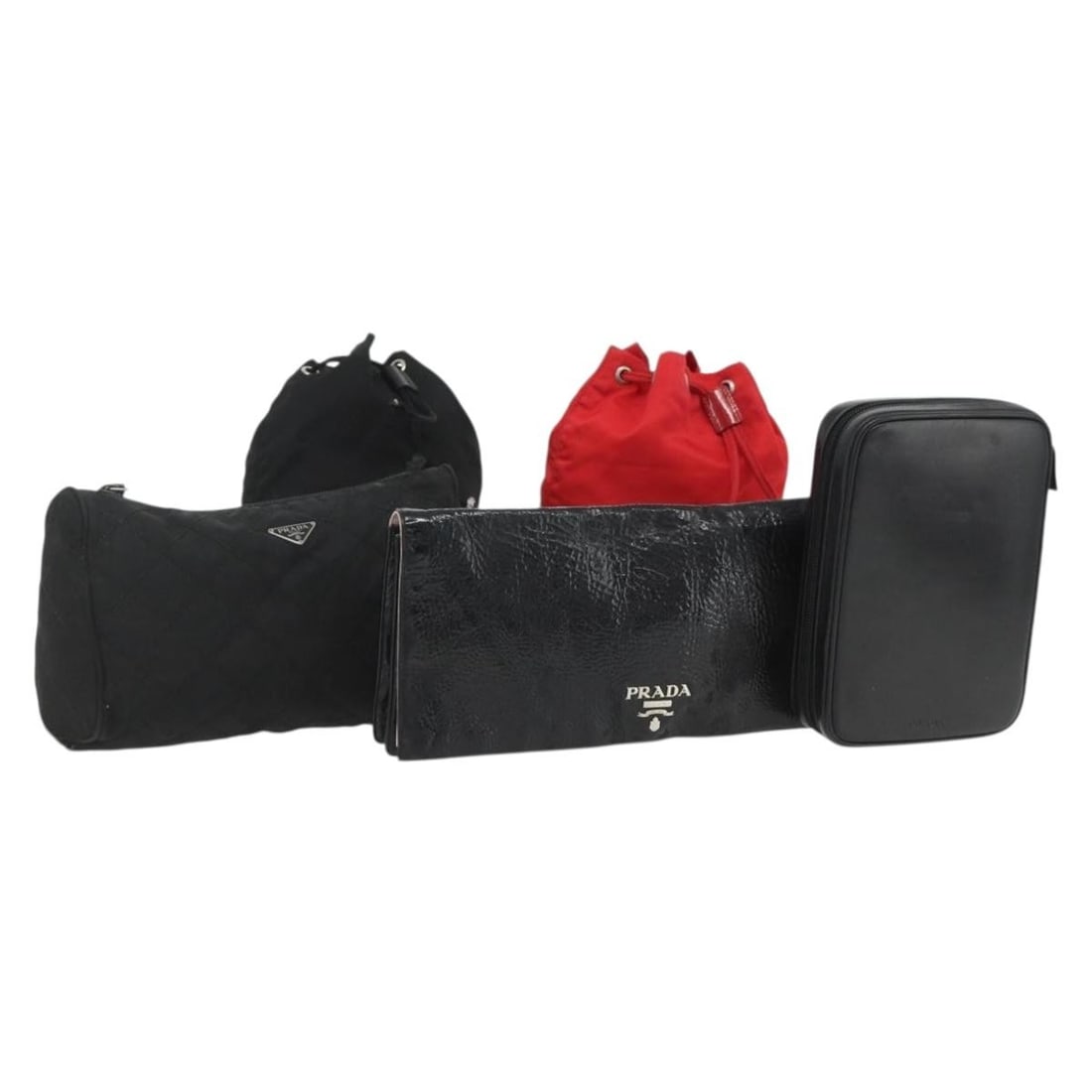 Prada Nylon Leather Black Red Pouch Set of 5: Prada Nylon Leather Black Red Pouch Set of 5 This set includes five PRADA pouches crafted from nylon with leather accents, presented in black and red. Designed for women, these pouches were made in It