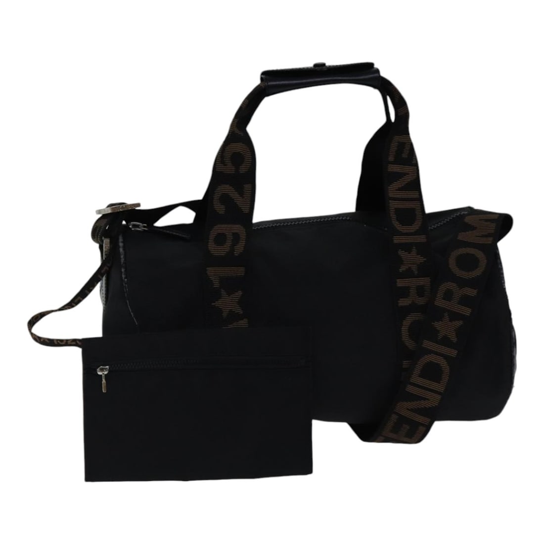 Fendi Black Nylon Boston Shoulder Bag with Silver Hardware and 2-Way Carry: Fendi Black Nylon Boston Shoulder Bag with Silver Hardware and 2-Way Carry This FENDI Boston bag is crafted from black nylon with silver-tone accents and offers versatile 2-way carrying options. Desig