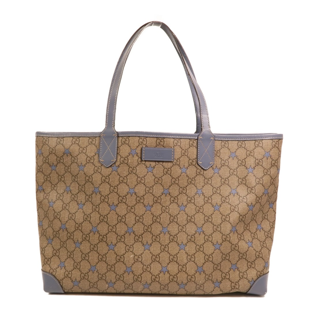 Gucci Blue Brown GG Tote with Gold Hardware Coated Canvas: Gucci Blue Brown GG Tote with Gold Hardware Coated Canvas This GUCCI tote bag features a blue PVC coated canvas exterior with brown accents. Designed for women, the tote offers ample space and durabil