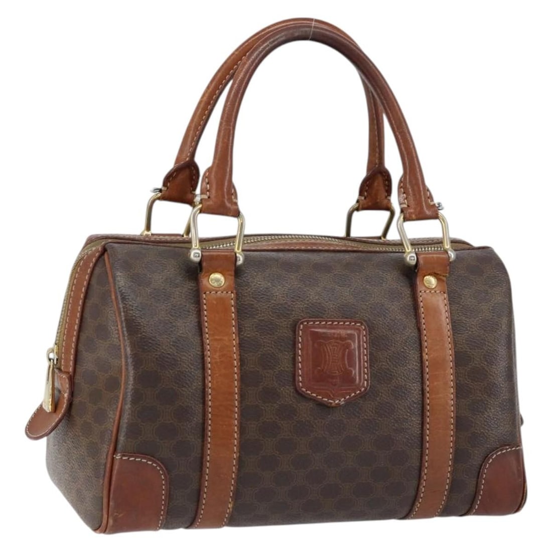 CELINE Macadam Canvas Hand Bag Brown Gold PVC Leather Authentic: CELINE Macadam Canvas Hand Bag Brown Gold PVC Leather Authentic This authentic CELINE Macadam Canvas Hand Bag combines elegance and durability with its chic brown and gold color scheme. Crafted from h