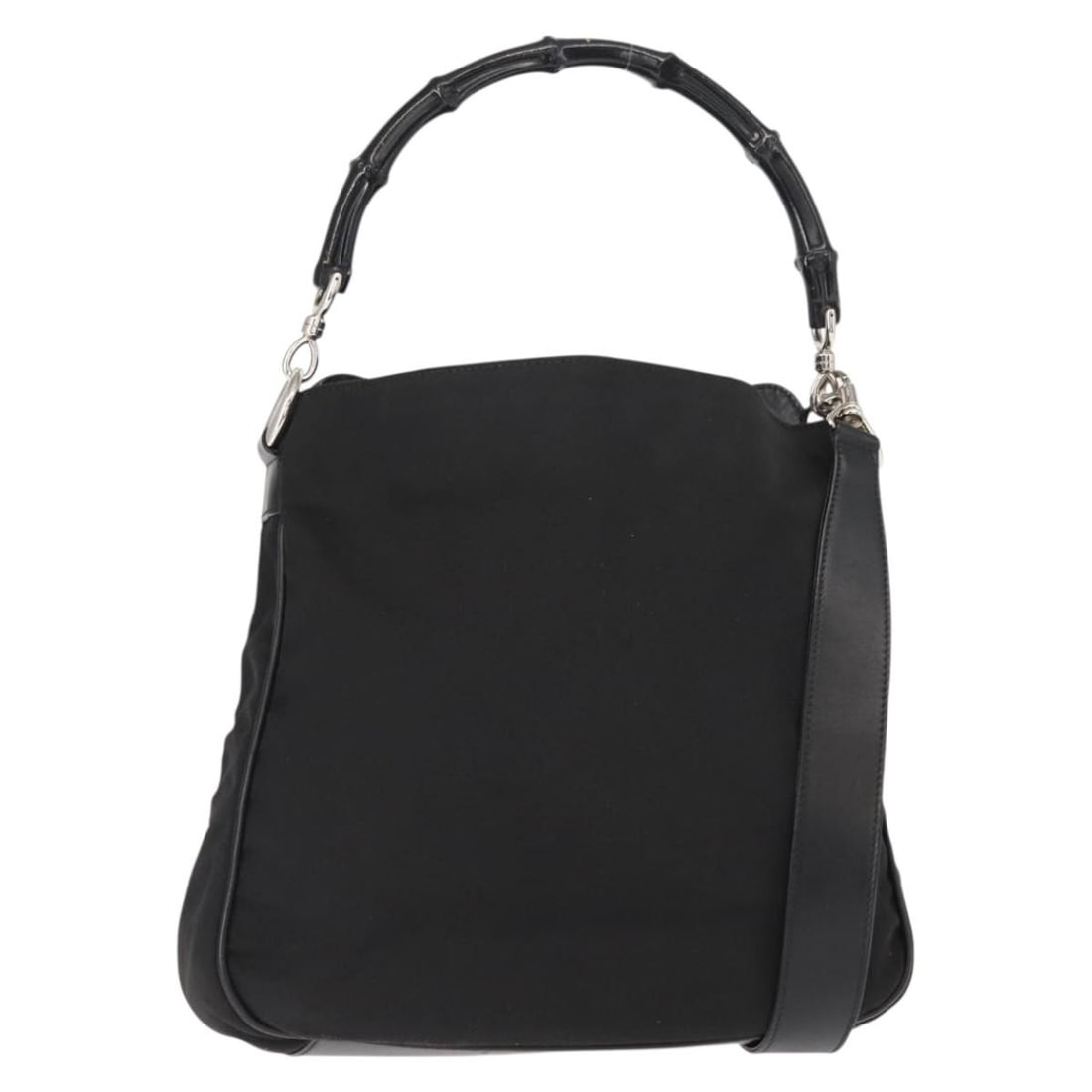 Gucci Bamboo Nylon Black Silver Shoulder Bag with Strap: Gucci Bamboo Nylon Black Silver Shoulder Bag with Strap This GUCCI Bamboo shoulder bag features a versatile 2-way design crafted from black nylon with silver-tone accents. The bag offers ample space w