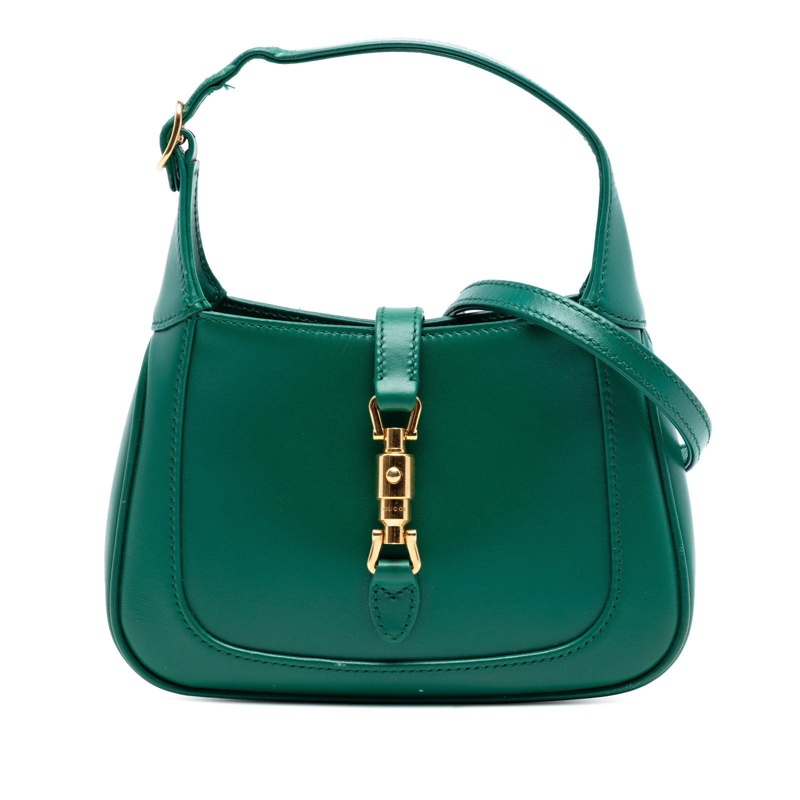 Gucci Jackie 1961 Mini Green Leather Crossbody Bag with Strap Extender: Gucci Jackie 1961 Mini Green Leather Crossbody Bag with Strap Extender This Gucci Mini Calfskin Jackie 1961 Crossbody features a green leather body with a flat leather shoulder strap and a detachable,