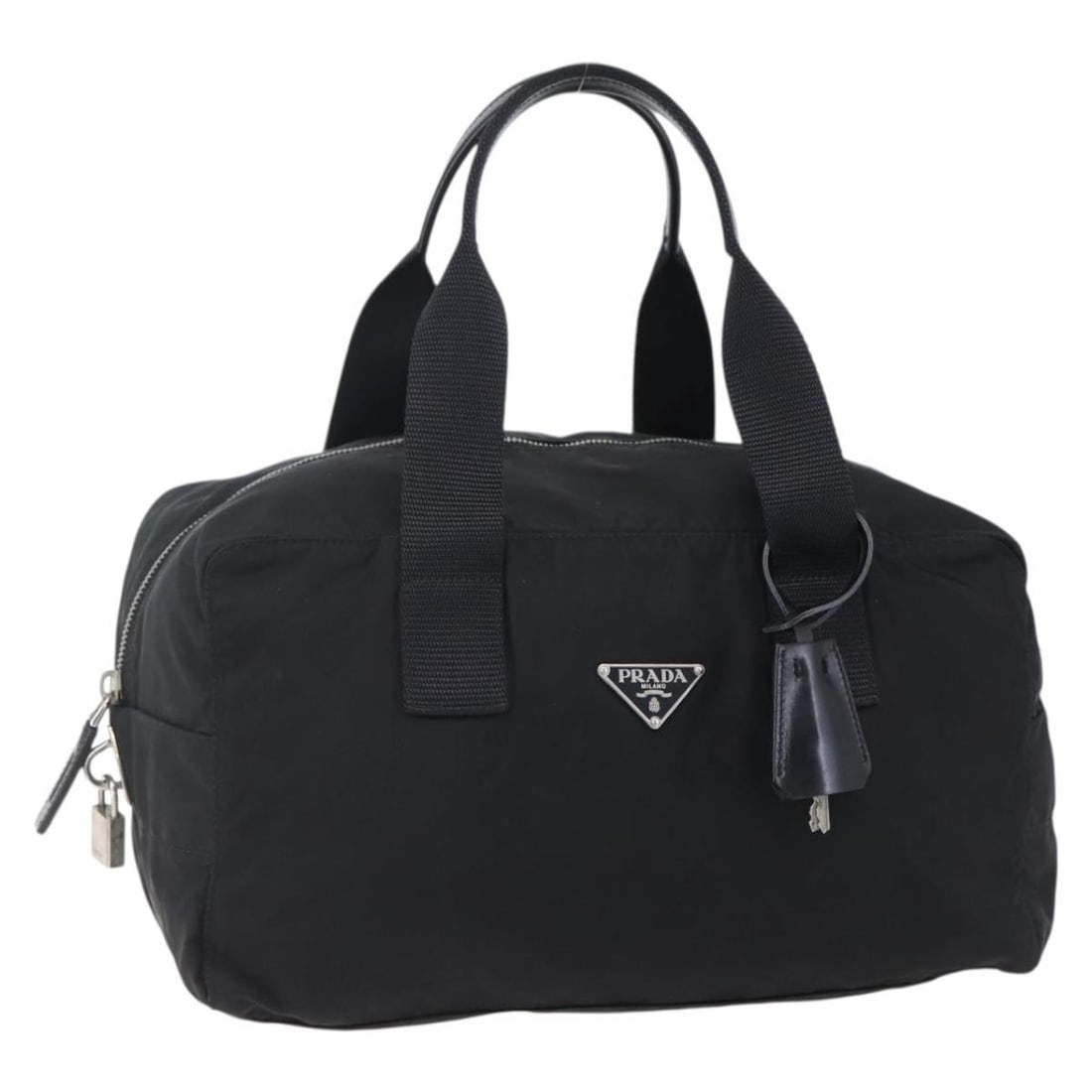 Prada black nylon leather handbag with padlock and keys: Prada black nylon leather handbag with padlock and keys This PRADA handbag is crafted from black nylon with silver-tone accents and features leather details. Designed for women, the bag offers a spaci