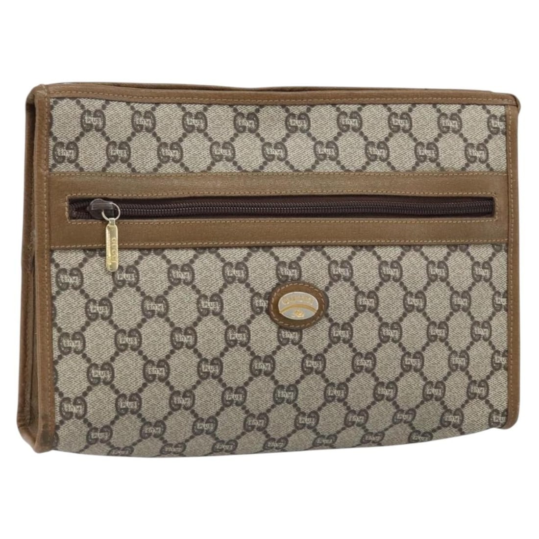 Gucci GG Supreme Beige Gold PVC Leather Clutch Bag for Women: Gucci GG Supreme Beige Gold PVC Leather Clutch Bag for Women This is a Gucci GG Plus Supreme clutch bag crafted from beige and gold PVC leather and GG canvas. Designed for women, it features a structu