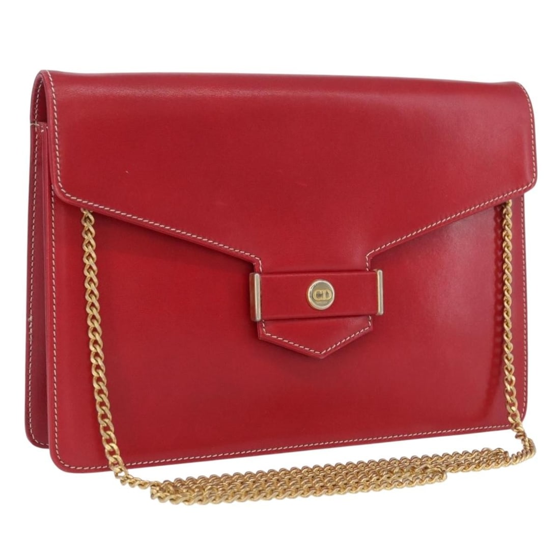Red Leather Shoulder Bag by Christian Dior with Gold Chain Detail: Red Leather Shoulder Bag by Christian Dior with Gold Chain Detail This Christian Dior chain shoulder bag features a red leather exterior with gold-tone accents. Designed for women, it offers a compact