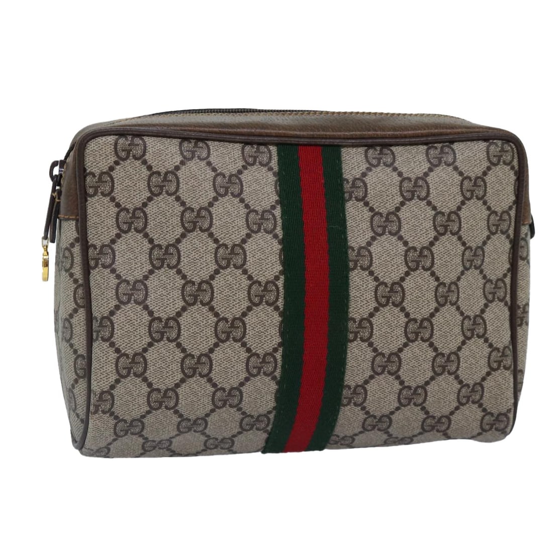 Beige Gold GG Supreme Web Sherry Clutch by Gucci PVC Leather: Beige Gold GG Supreme Web Sherry Clutch by Gucci PVC Leather This is a GUCCI GG Supreme Web Sherry Line clutch bag in beige and gold, crafted from PVC leather and GG canvas. Designed for women, the ba