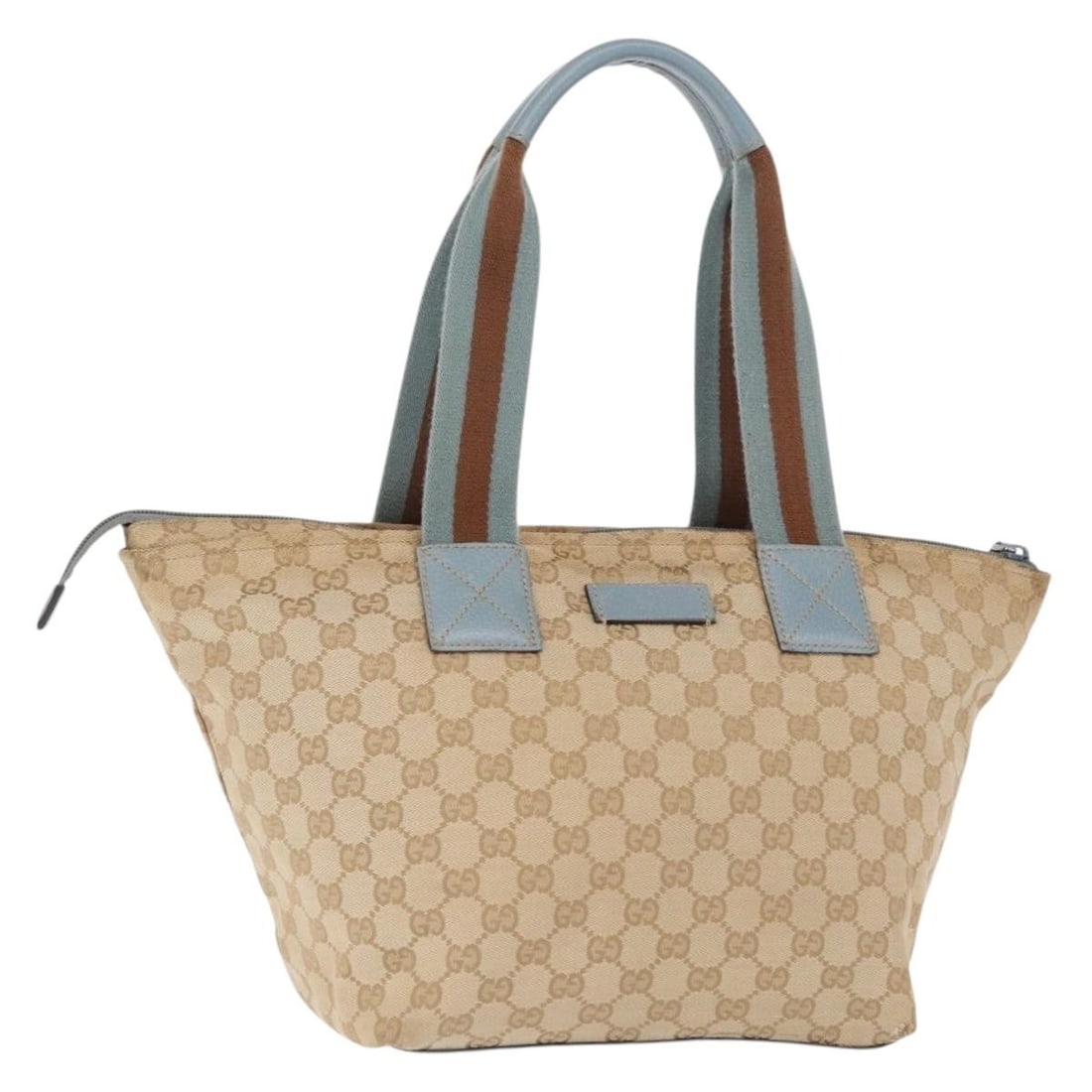 Beige and Blue GG Canvas Gucci Tote Bag Model 131230 Silver Accents: Beige and Blue GG Canvas Gucci Tote Bag Model 131230 Silver Accents This GUCCI GG Canvas tote bag features a beige, light blue, and silver color scheme with signature GG canvas material. The bag shows