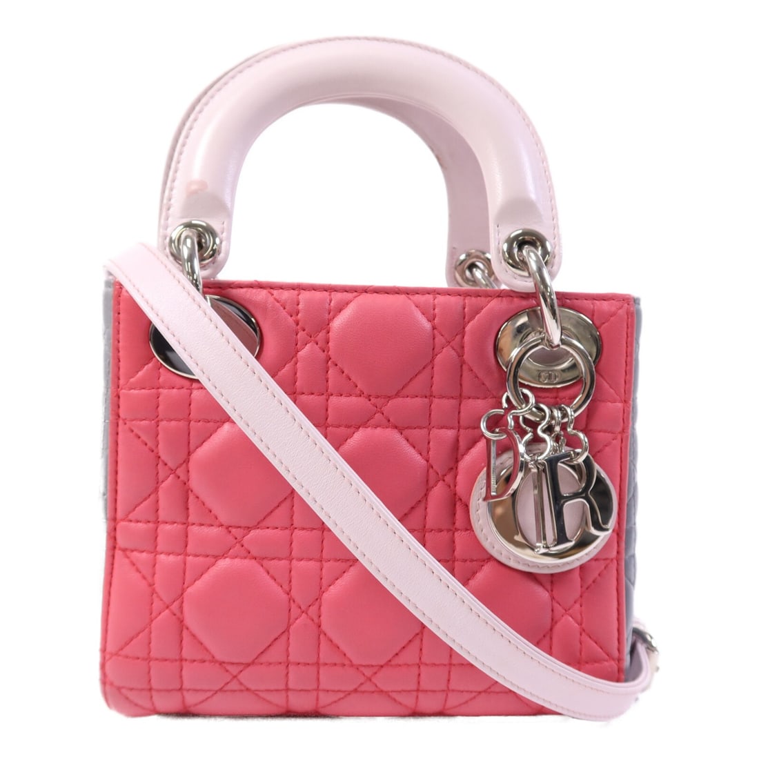 Dior Lady Dior Pink Gray Lambskin Small 2way Shoulder Bag France: Dior Lady Dior Pink Gray Lambskin Small 2way Shoulder Bag France This Christian Dior Lady Dior 2-way shoulder bag features luxurious pink lambskin leather with silver-tone hardware. The compact design