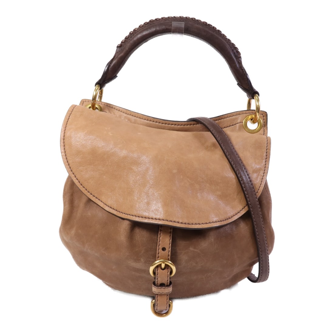 Miu Miu Brown Calfskin Leather Shoulder Bag with Gold Tone Hardware: Miu Miu Brown Calfskin Leather Shoulder Bag with Gold Tone Hardware This Miu Miu shoulder bag is crafted from brown calfskin leather and features gold-tone hardware. Designed for women, it offers a cl