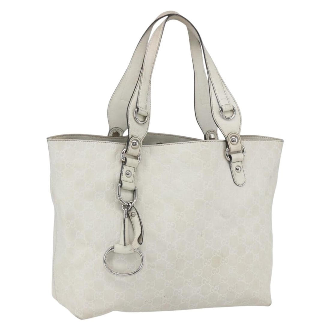 GUCCI GG Canvas Tote Bag White Silver Leather 229852 Authentic: GUCCI GG Canvas Tote Bag White Silver Leather 229852 Authentic This GUCCI GG Canvas Guccissima Tote Bag is a chic accessory that combines luxury with practicality. Crafted in Italy, this tote features