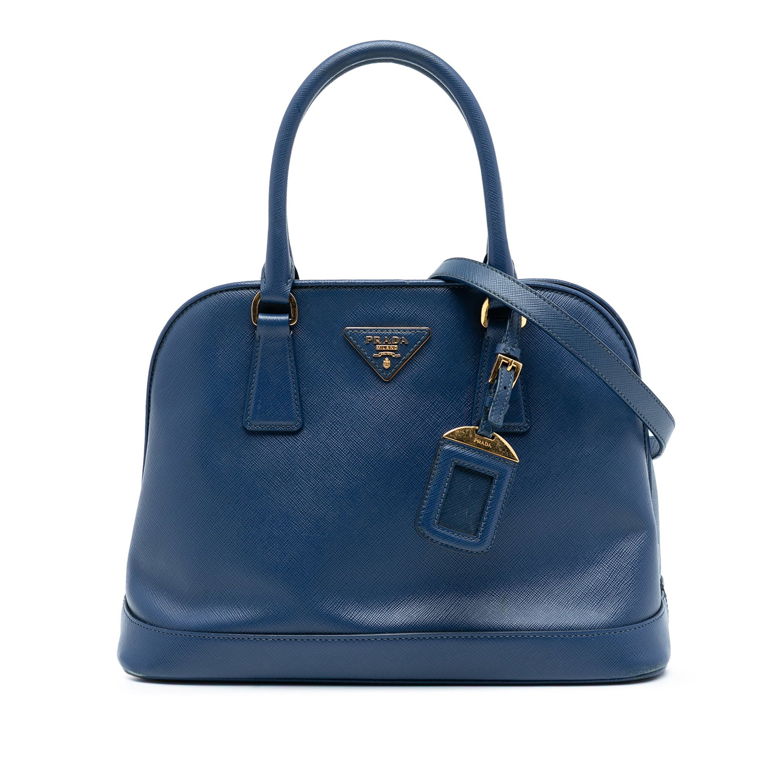 Medium Blue Saffiano Leather Promenade Satchel by Prada with Detachable Strap: Medium Blue Saffiano Leather Promenade Satchel by Prada with Detachable Strap This Prada Medium Saffiano Lux Open Promenade Satchel features a blue saffiano leather body, rolled leather handles, and a