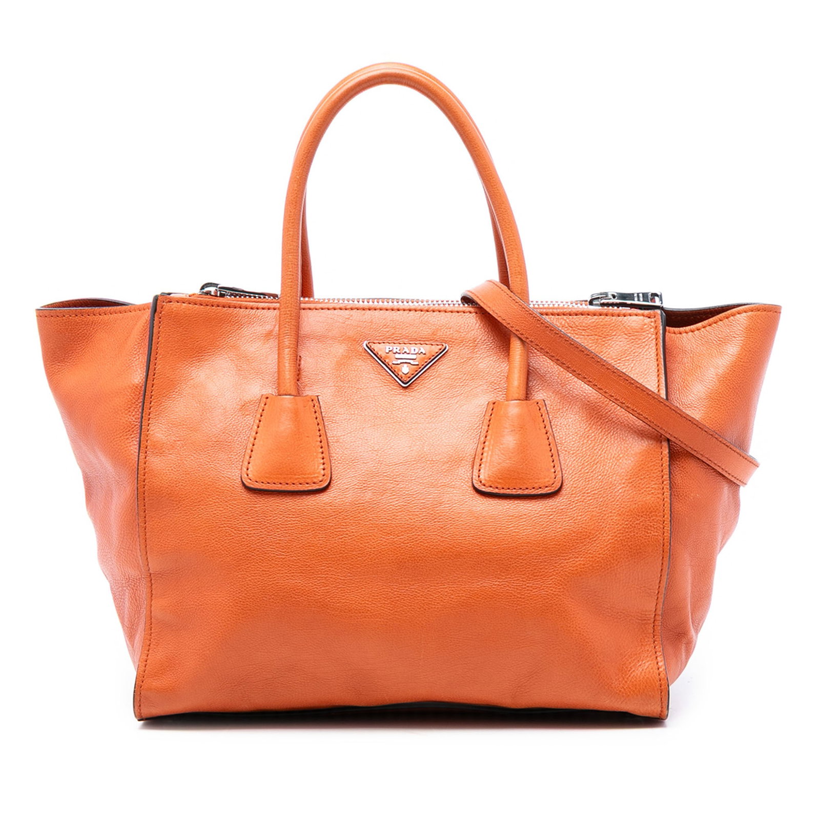 Prada Orange Leather Twin Pocket Shoulder Satchel Bag: Prada Orange Leather Twin Pocket Shoulder Satchel Bag This Prada Glace Calf Twin Pocket Satchel features an orange leather body with rolled leather handles and a detachable flat leather shoulder strap