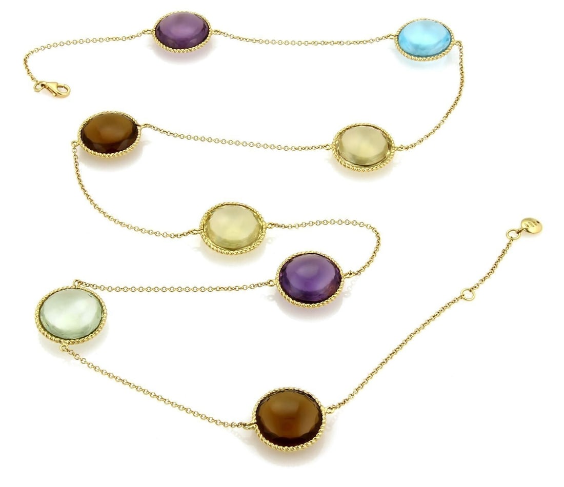 Roberto Coin Ipanema 18k Yellow Gold Multicolor Gemstone Necklace 32.5: Roberto Coin Ipanema 18k Yellow Gold Multicolor Gemstone Necklace 32.5 This Roberto Coin Ipanema long necklace is an original vintage piece crafted in Italy. Made from 18k yellow gold, it features a s