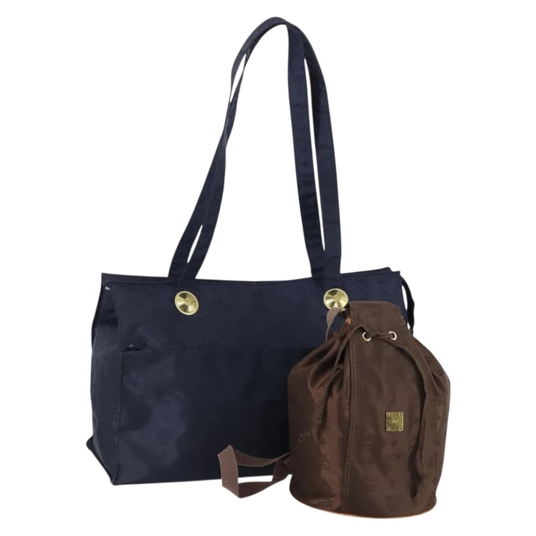MCM Logogram Vicetos Brown Navy PVC Tote Bag Set: MCM Logogram Vicetos Brown Navy PVC Tote Bag Set This MCM Logogram Vicetos Tote Bag is a stylish accessory crafted from durable PVC leather, featuring a striking brown and navy color combination. Made