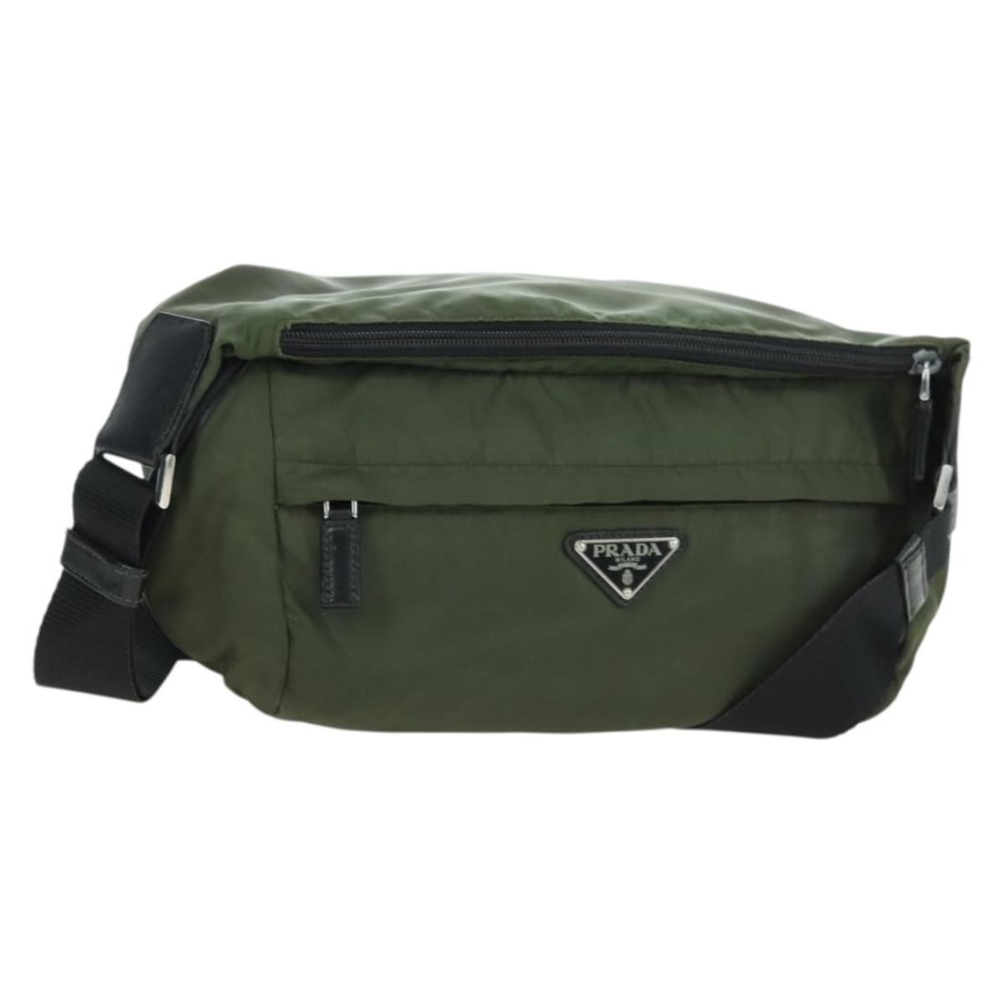 Prada Khaki Silver Nylon Shoulder Bag Italy: Prada Khaki Silver Nylon Shoulder Bag Italy This PRADA shoulder bag is crafted from khaki nylon with silver-tone accents and is designed for women. Made in Italy, it features a spacious interior and a