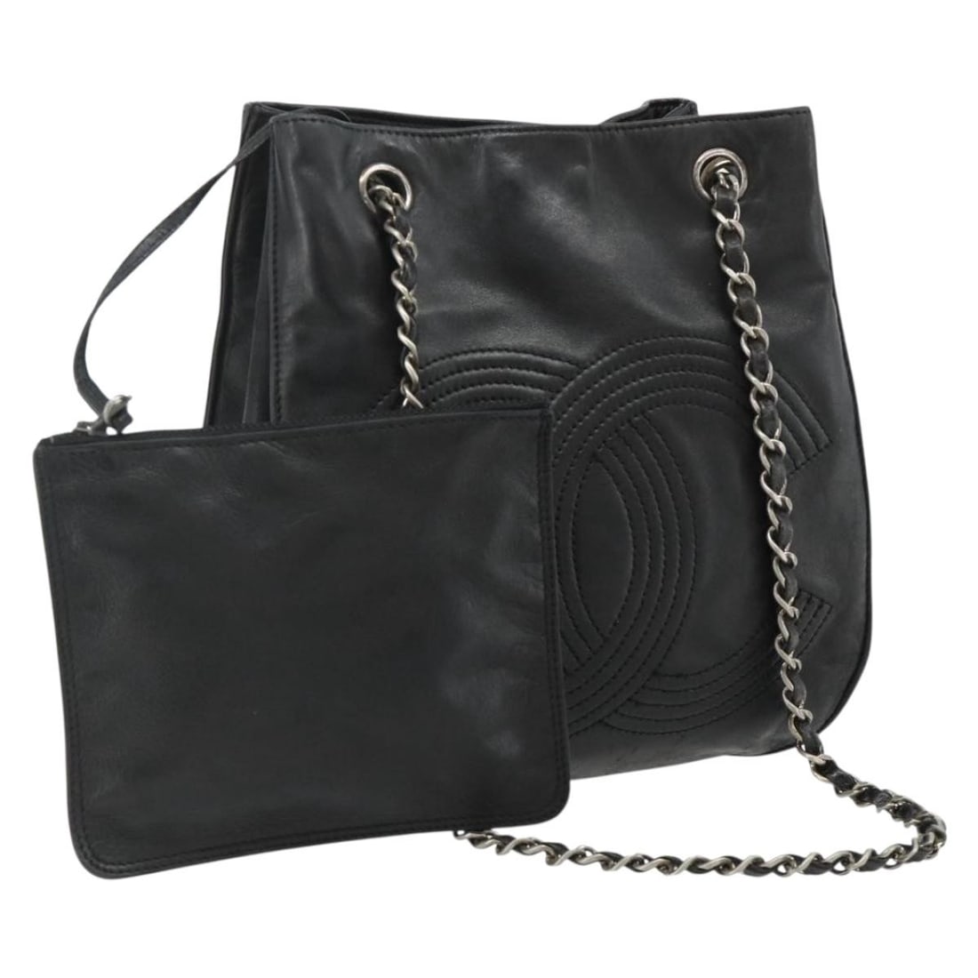 CHANEL black lambskin shoulder bag with pouch silver tone: CHANEL black lambskin shoulder bag with pouch silver tone This CHANEL chain shoulder bag is crafted from luxurious black lambskin leather with silver-tone accents. Designed for women, it features a cl