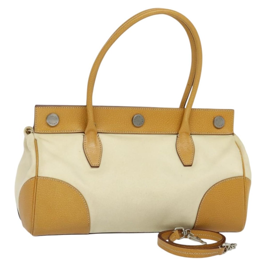 PRADA Canvas and Leather Beige Silver Convertible Shoulder Handbag with Strap: PRADA Canvas and Leather Beige Silver Convertible Shoulder Handbag with Strap This PRADA 2-way handbag is crafted from beige canvas with silver-tone accents and leather details. Designed for women, it
