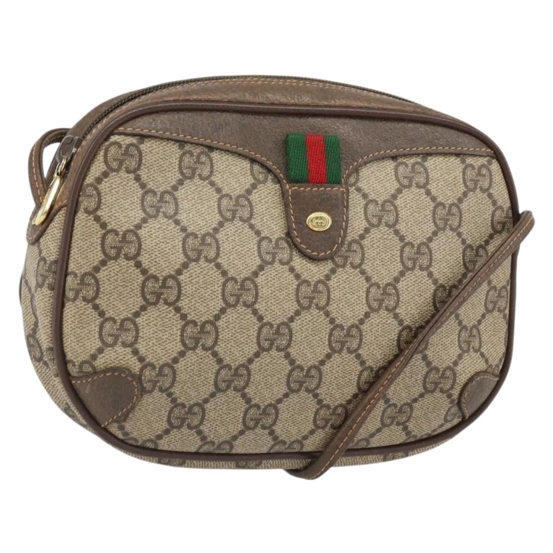Beige GG Supreme Web Sherry Line Shoulder Bag by Gucci PVC 89 02 066: Beige GG Supreme Web Sherry Line Shoulder Bag by Gucci PVC 89 02 066 This is a Gucci GG Supreme Web Sherry Line shoulder bag crafted from beige PVC leather and GG canvas. Designed for women, the bag f
