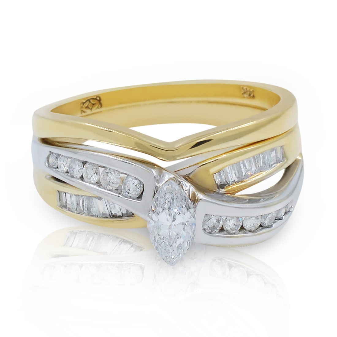 Rachel Koen Marquise Diamond Engagement Ring Set 14K Yellow Gold 1.05Cttw Stackable: Rachel Koen Marquise Diamond Engagement Ring Set 14K Yellow Gold 1.05Cttw Stackable Exquisite Rachel Koen Marquise Cut Diamond Engagement Ring Set crafted in 14K Yellow Gold. This stunning two-piece s