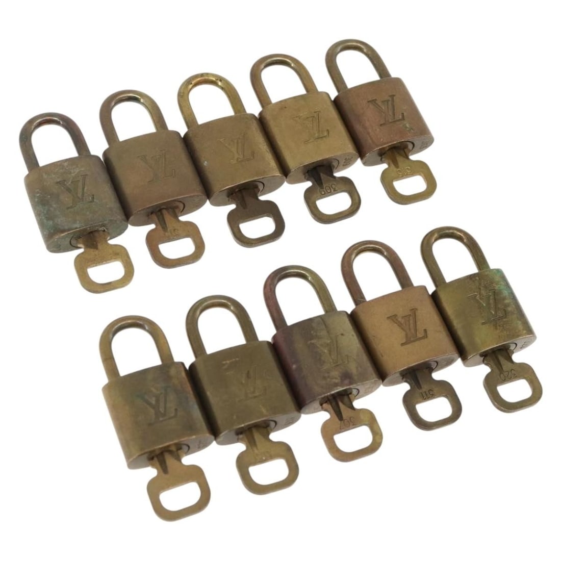 Set of 10 Gold Metal Padlocks by Louis Vuitton France: Set of 10 Gold Metal Padlocks by Louis Vuitton France This is a set of LOUIS VUITTON padlocks in gold-tone metal. The bundle includes ten padlocks, each showing signs of heavy use, such as scratches a