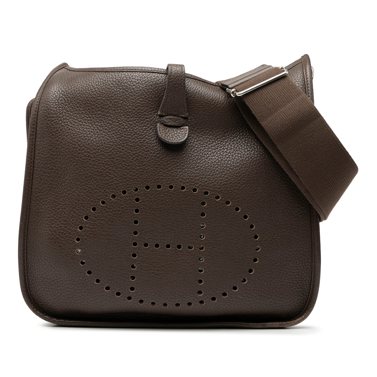 Hermes Evelyne III PM Chocolat Clemence Leather Shoulder Bag: Hermes Evelyne III PM Chocolat Clemence Leather Shoulder Bag The Hermes Clemence Evelyne III PM is crafted from Clemence leather in a rich Chocolat brown. This shoulder bag features an adjustable flat