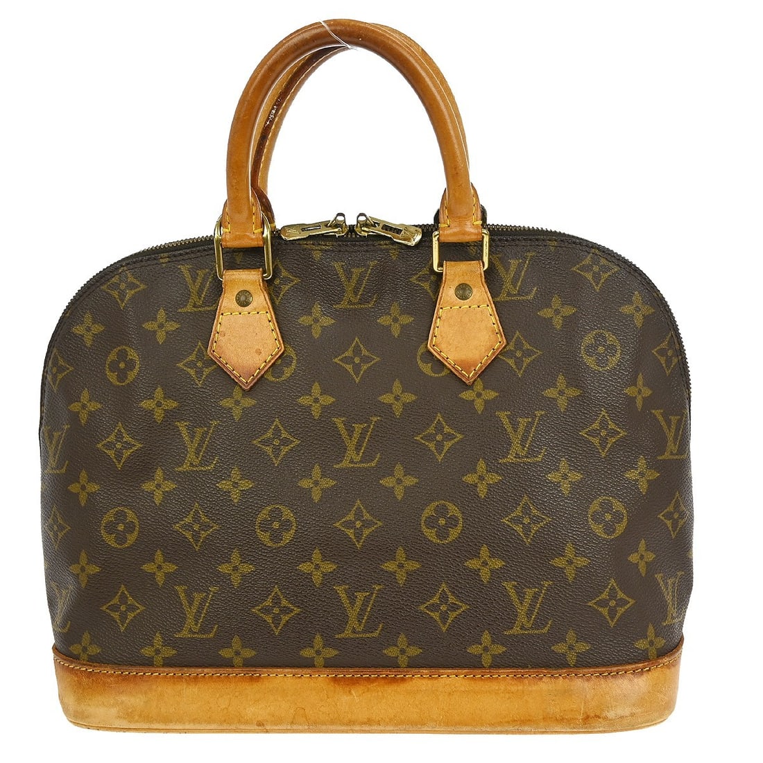 Louis Vuitton Alma Brown Monogram Canvas Medium Handbag M51130: Louis Vuitton Alma Brown Monogram Canvas Medium Handbag M51130 This Louis Vuitton Alma handbag features the iconic monogram canvas exterior with beige double handles and a zip closure. It is a medium-