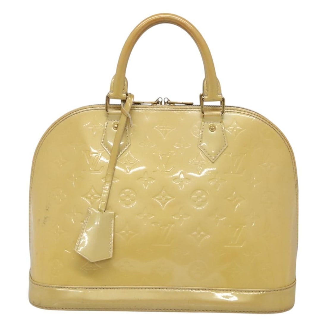 Yellow Patent Leather Alma Bag by Louis Vuitton France: Yellow Patent Leather Alma Bag by Louis Vuitton France This Louis Vuitton Alma handbag features glossy patent leather in a vibrant yellow hue. Designed for women, it offers a structured silhouette and