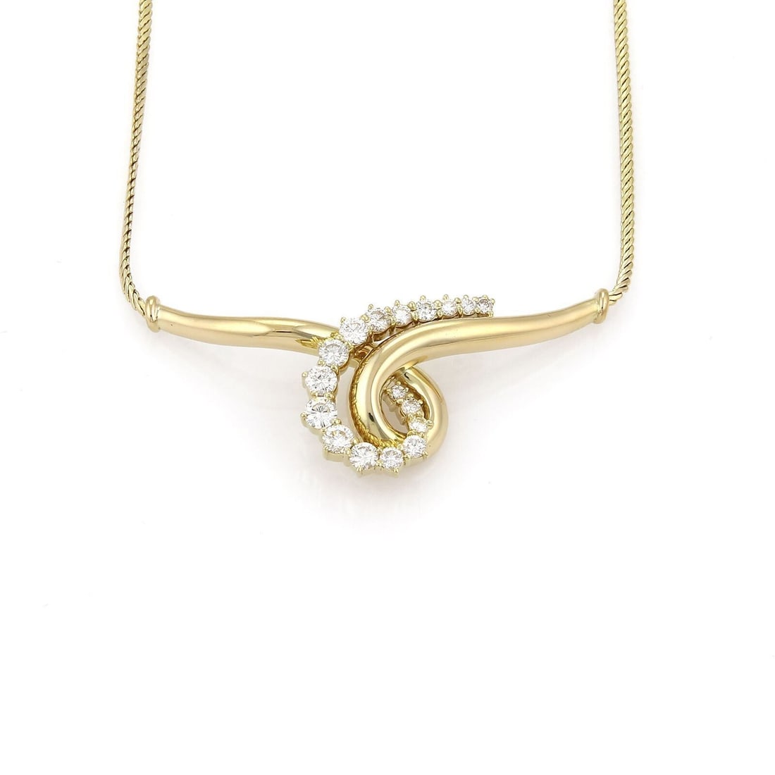 Jose Hess 18k Yellow Gold Diamond Collar Necklace: Jose Hess 18k Yellow Gold Diamond Collar Necklace This original Jose Hess necklace is a fine vintage piece crafted in 18k yellow gold. Featuring a wide, curved scroll design, it is styled as a collar 