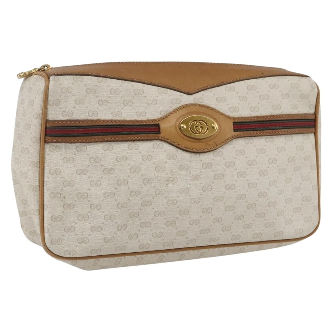 White Micro GG Canvas Gucci Clutch with Web Sherry Stripe 014 904 0018: White Micro GG Canvas Gucci Clutch with Web Sherry Stripe 014 904 0018 This Gucci Micro GG Canvas Web Sherry Line clutch bag features a white and gold color scheme with the signature micro small GG ca