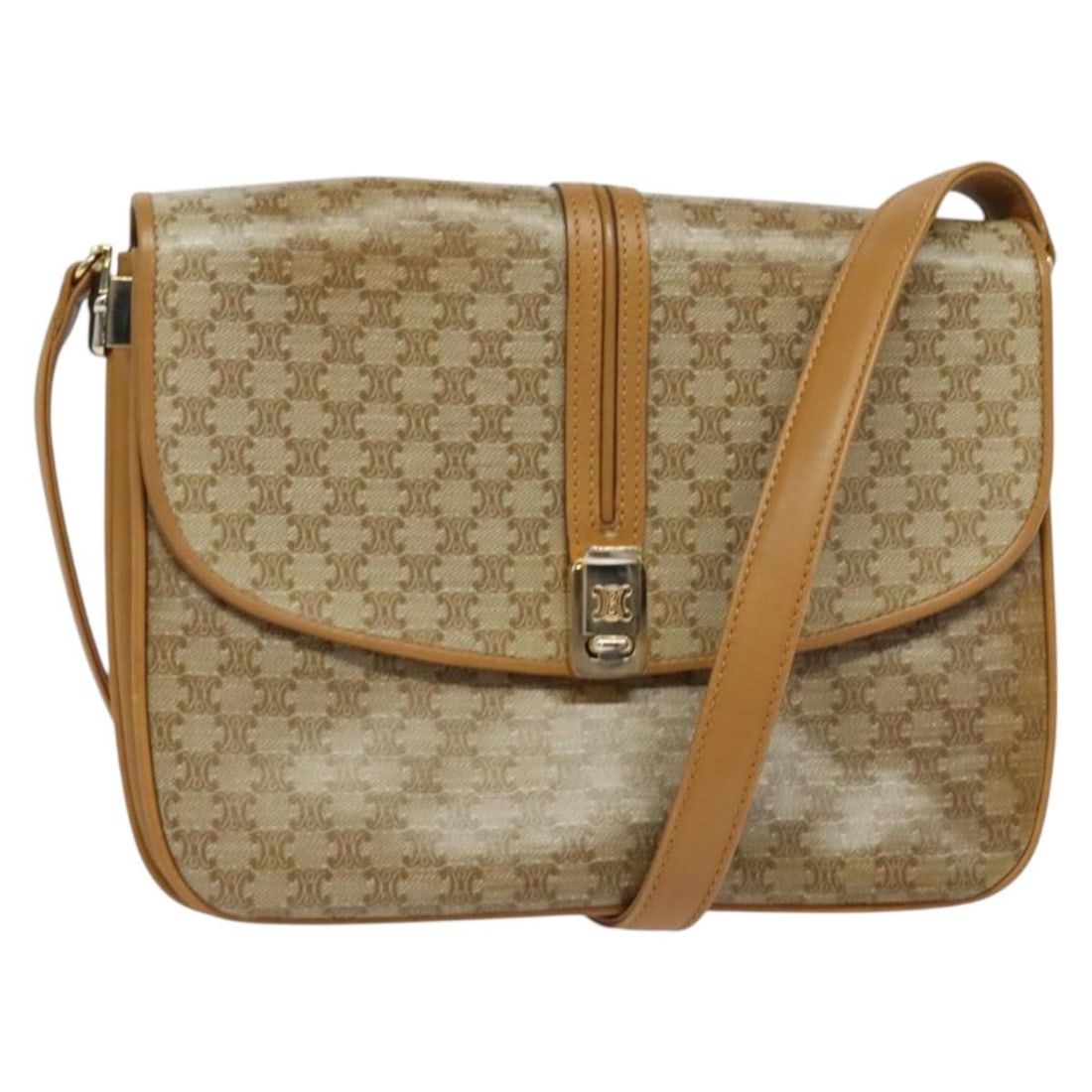 CELINE Beige Gold PVC Macadam Canvas Shoulder Bag Auth 133723: CELINE Beige Gold PVC Macadam Canvas Shoulder Bag Auth 133723 This Celine Macadam Canvas Shoulder Bag is a stylish and functional accessory crafted from durable PVC leather. The elegant beige and gold