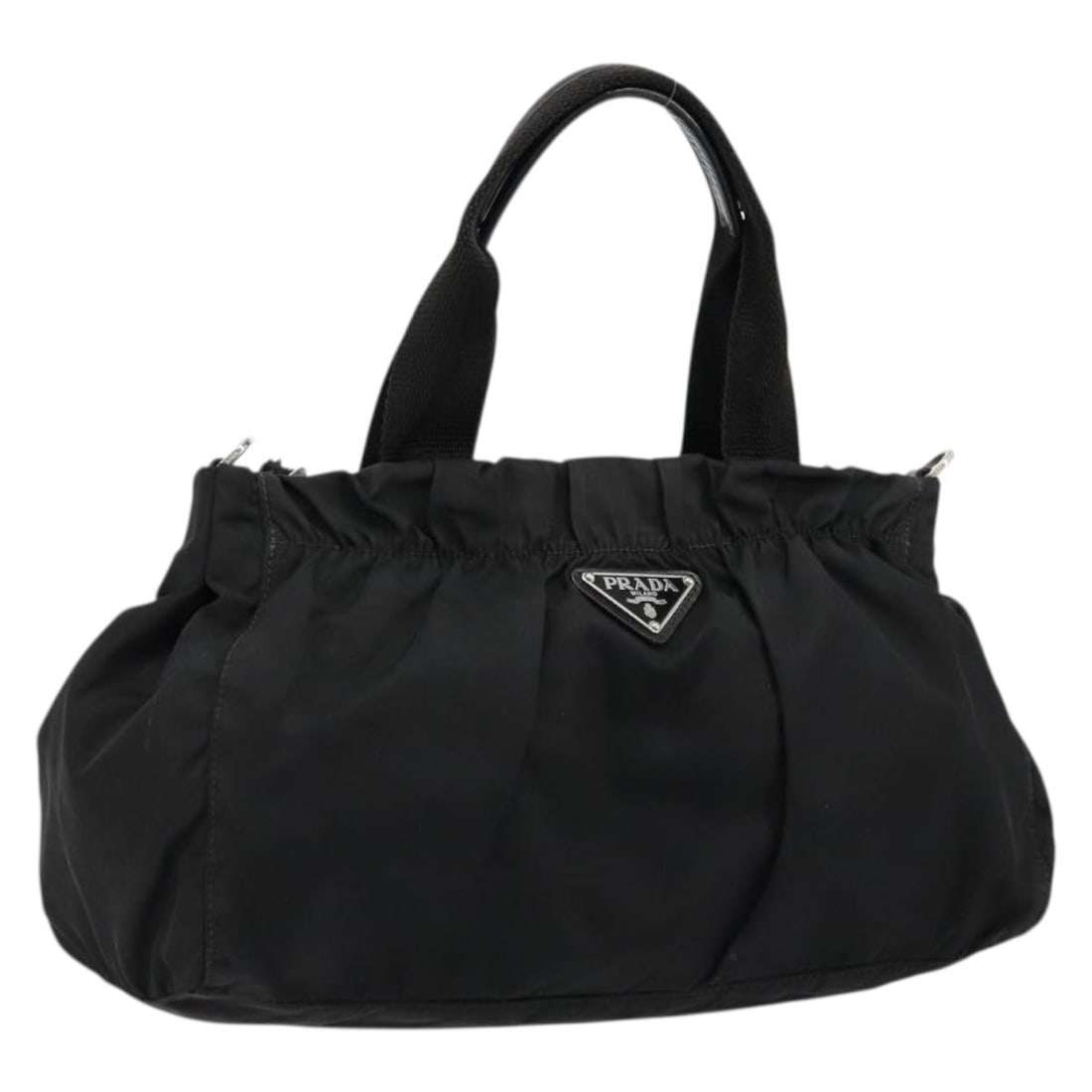 Prada Nylon Black Silver Handbag Italy 11.8in: Prada Nylon Black Silver Handbag Italy 11.8in This PRADA handbag is crafted from black nylon with silver-tone accents and is designed for women. Made in Italy, it features a top handle with an approxi