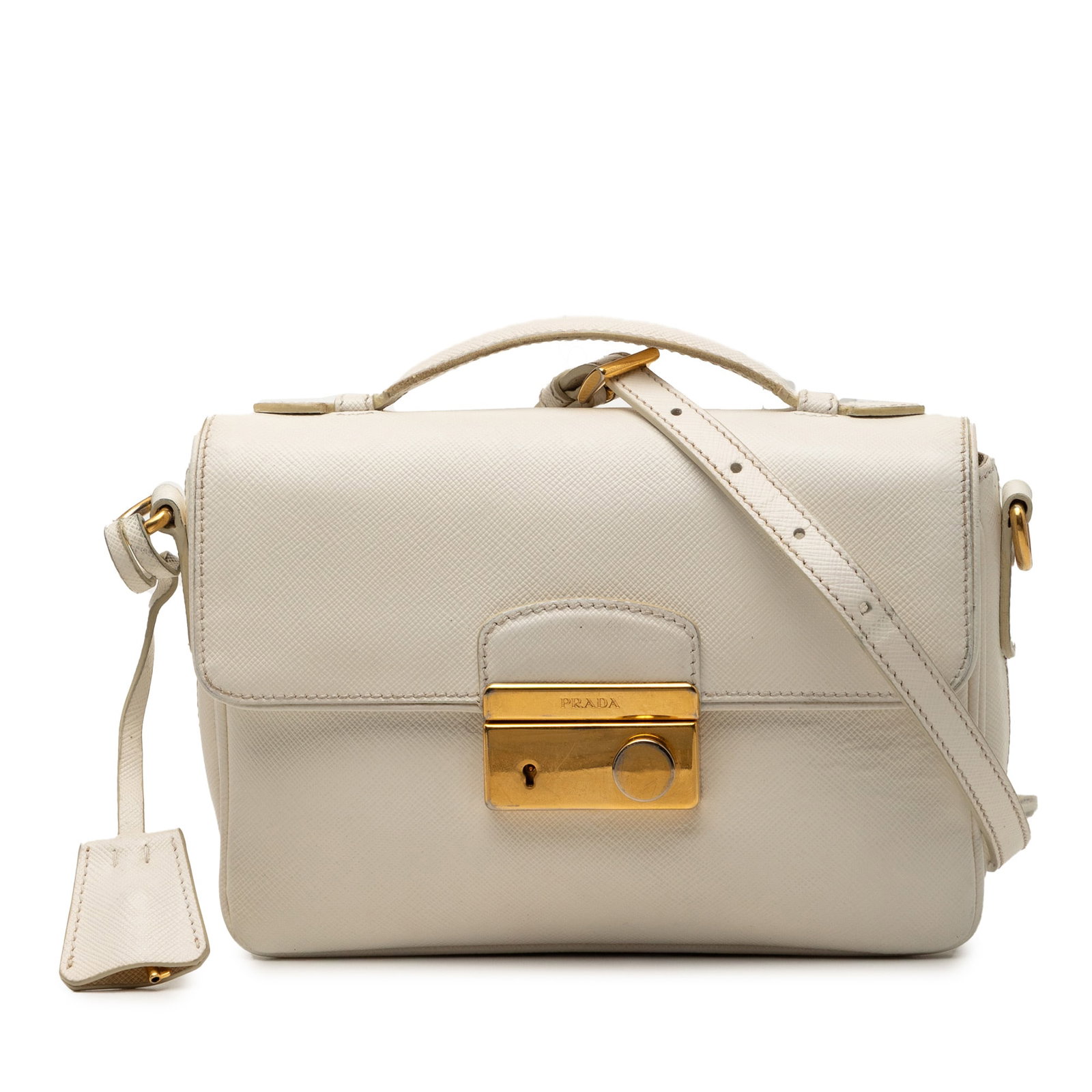 Prada White Saffiano Leather Satchel with Sound Lock and Strap: Prada White Saffiano Leather Satchel with Sound Lock and Strap This Prada Saffiano Sound Lock Satchel features a white saffiano leather body, a clochette, a flat leather top handle, and a detachable, 