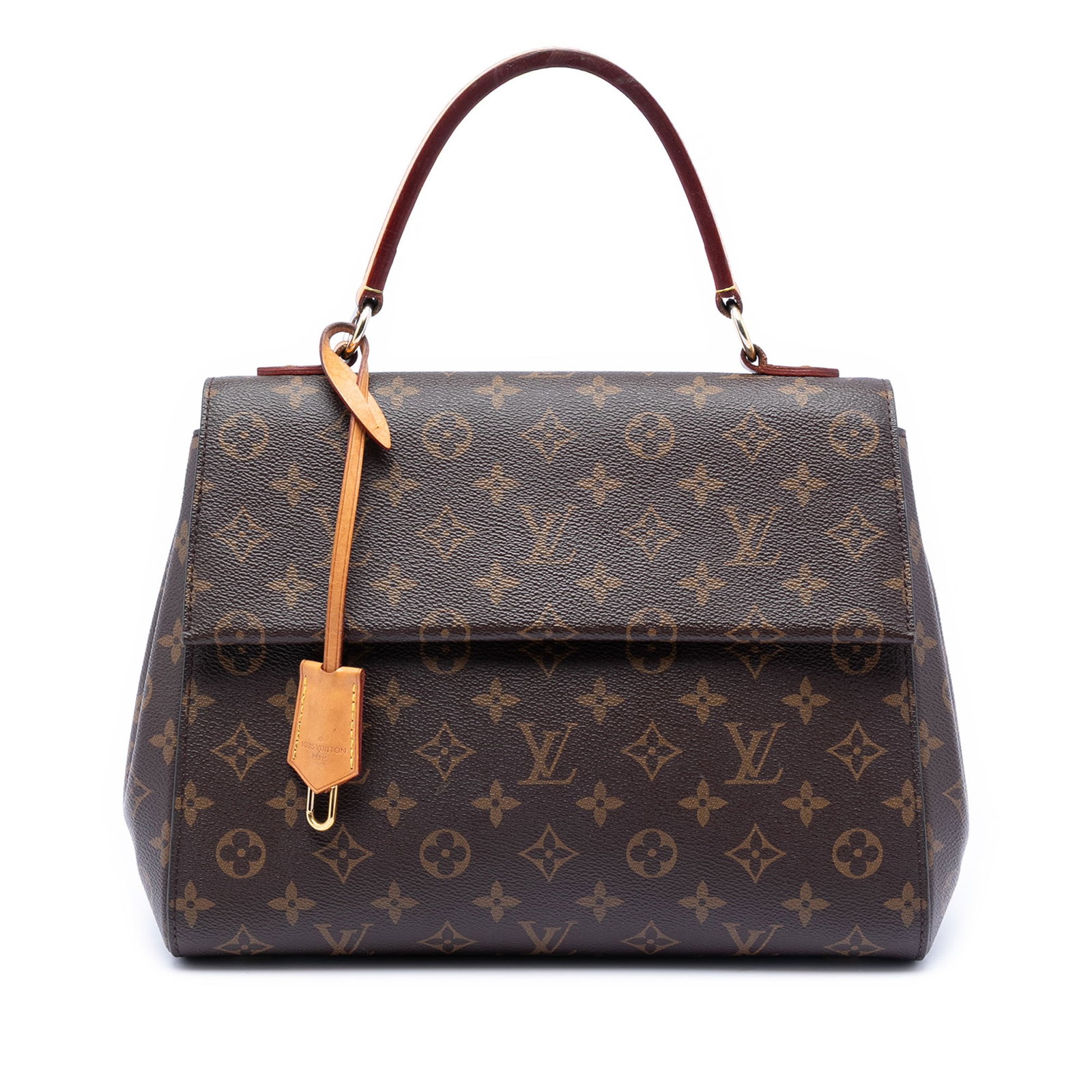 Louis Vuitton Cluny MM Brown Monogram Canvas Top Handle Bag: Louis Vuitton Cluny MM Brown Monogram Canvas Top Handle Bag This Louis Vuitton Cluny MM features a signature monogram canvas body, a flat vachetta leather top handle, a flap with magnetic snap closure