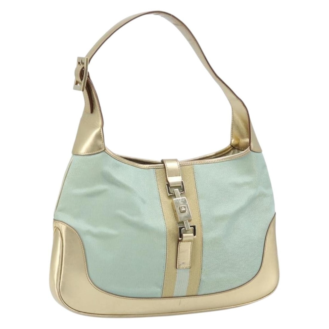 Light Blue GG Canvas Jackie Shoulder Bag by Gucci with Gold Accents: Light Blue GG Canvas Jackie Shoulder Bag by Gucci with Gold Accents This is a Gucci Jackie shoulder bag crafted from GG canvas in light blue and gold tones. The bag features a classic silhouette with 