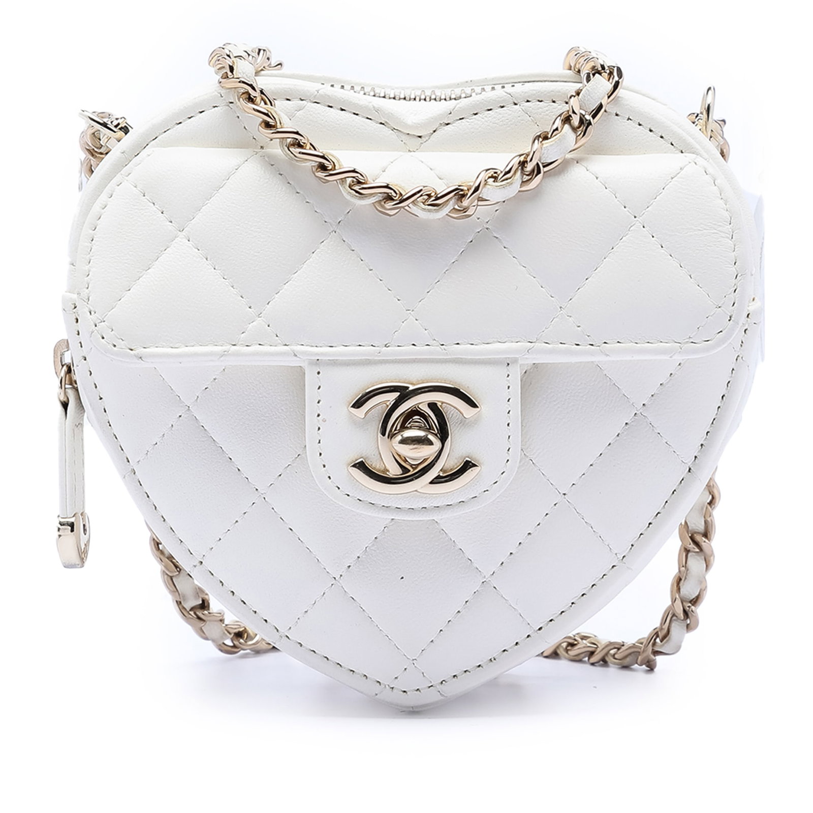 Chanel Heart Shaped Mini Lambskin Crossbody Bag with CC Logo: Chanel Heart Shaped Mini Lambskin Crossbody Bag with CC Logo This Chanel Mini Lambskin CC in Love Heart crossbody bag showcases a quilted lambskin leather body, complemented by a leather-woven chain s